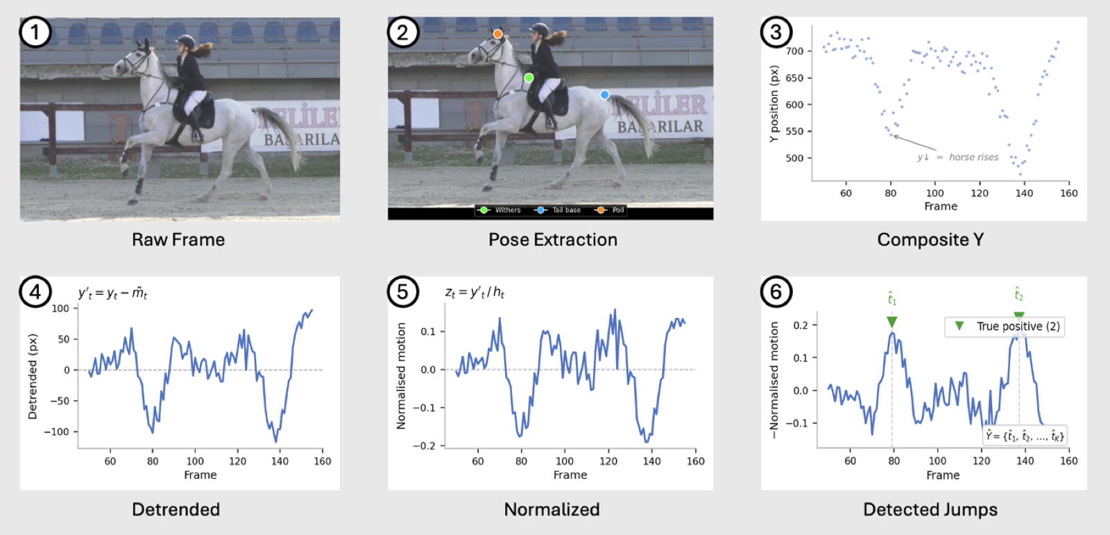 Six-panel diagram showing the raw frame, pose extraction, composite Y position, detrended signal, normalized signal, and detected jumps